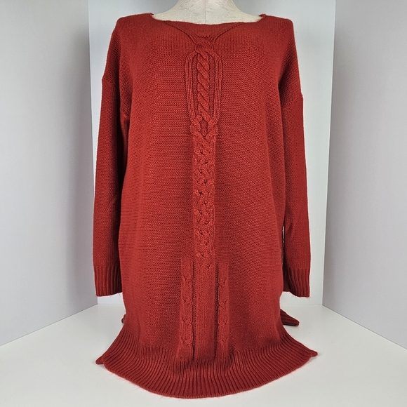 ZARA Knit Red Sweater Dress Tunic Medium V-Neck Cable Knit Zip Hem Long Sleeve - Picture 1 of 16